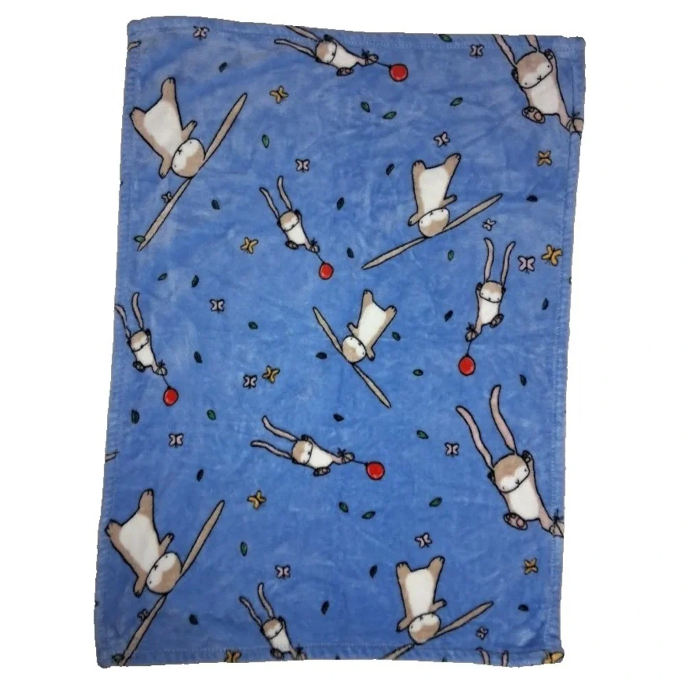 Binks & Books Blue Plush Bunny Baby Blanket Soft Fleece Lovey Balloon Flower